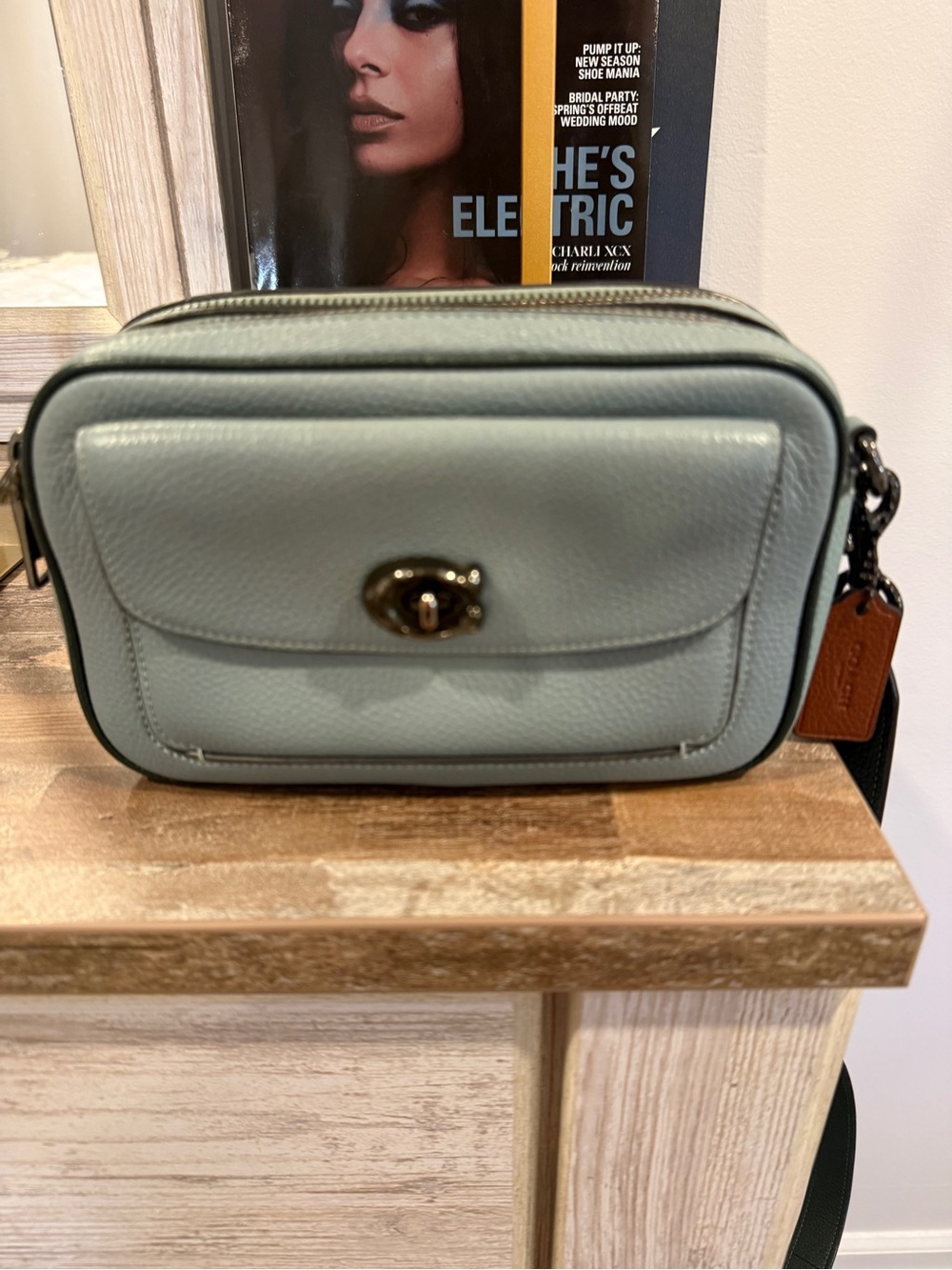 Coach Pebbled Leather Camera Crossbody Bag Sage Green Gunmetal Hardware